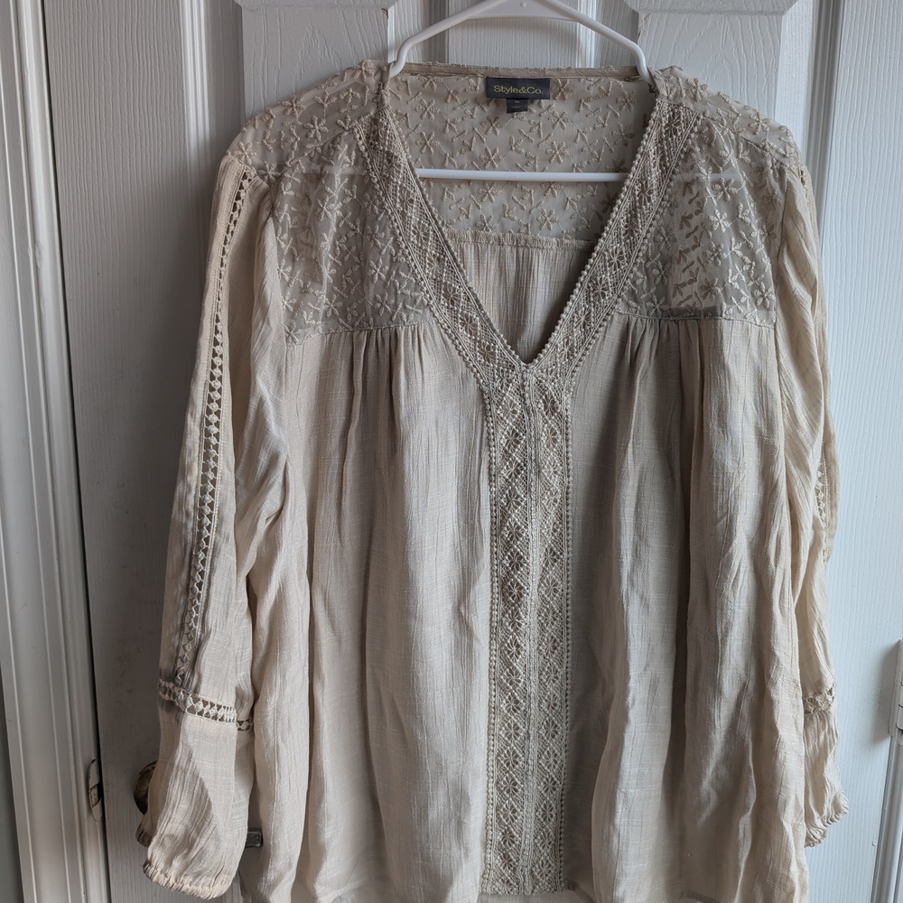 Style & Co Cream Relaxed Pleated Blouse
